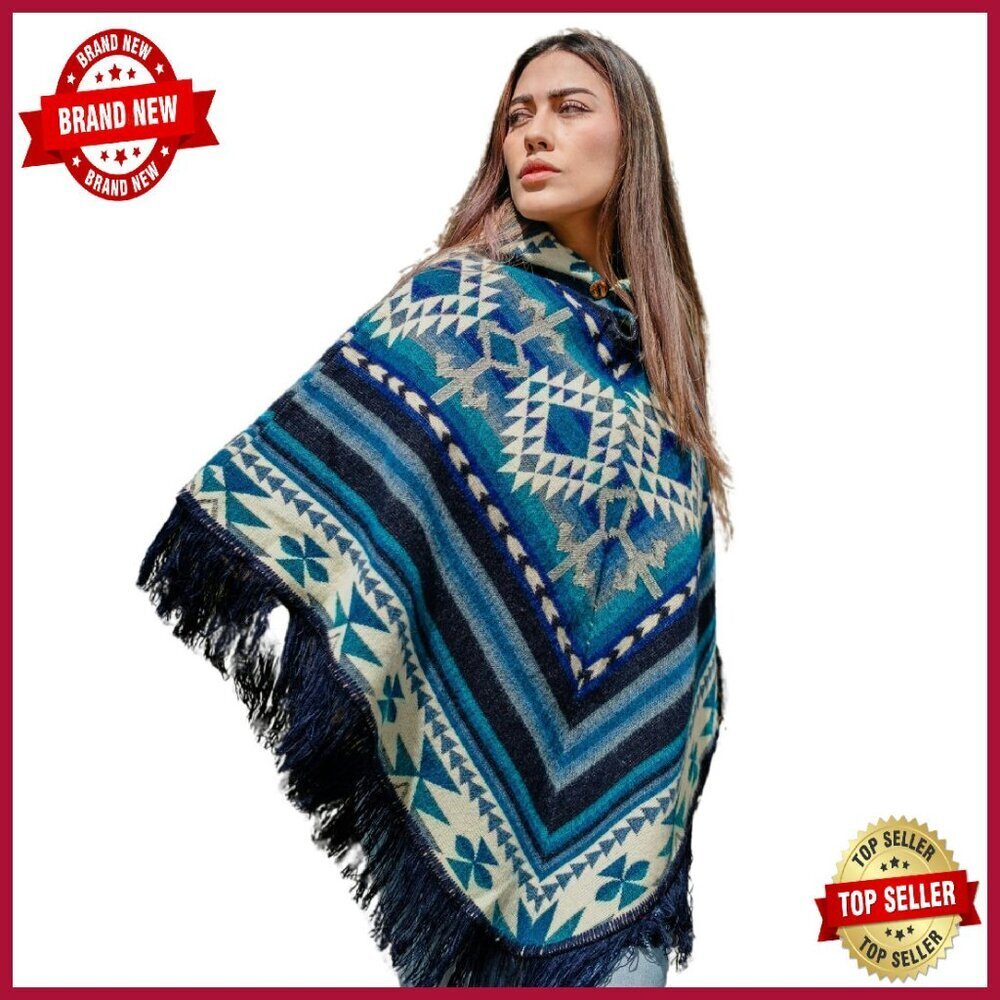 Alpaca Wool Poncho with Hood, Geometric Design, Machine Washable - Picture 1 of 7